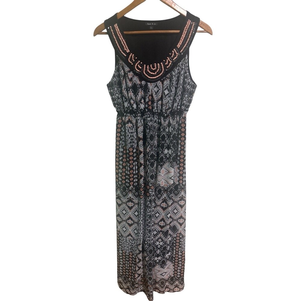 Sami & Jo Maxi Dress L Black Pink Geometric Beaded Neck Sleeveless Boho